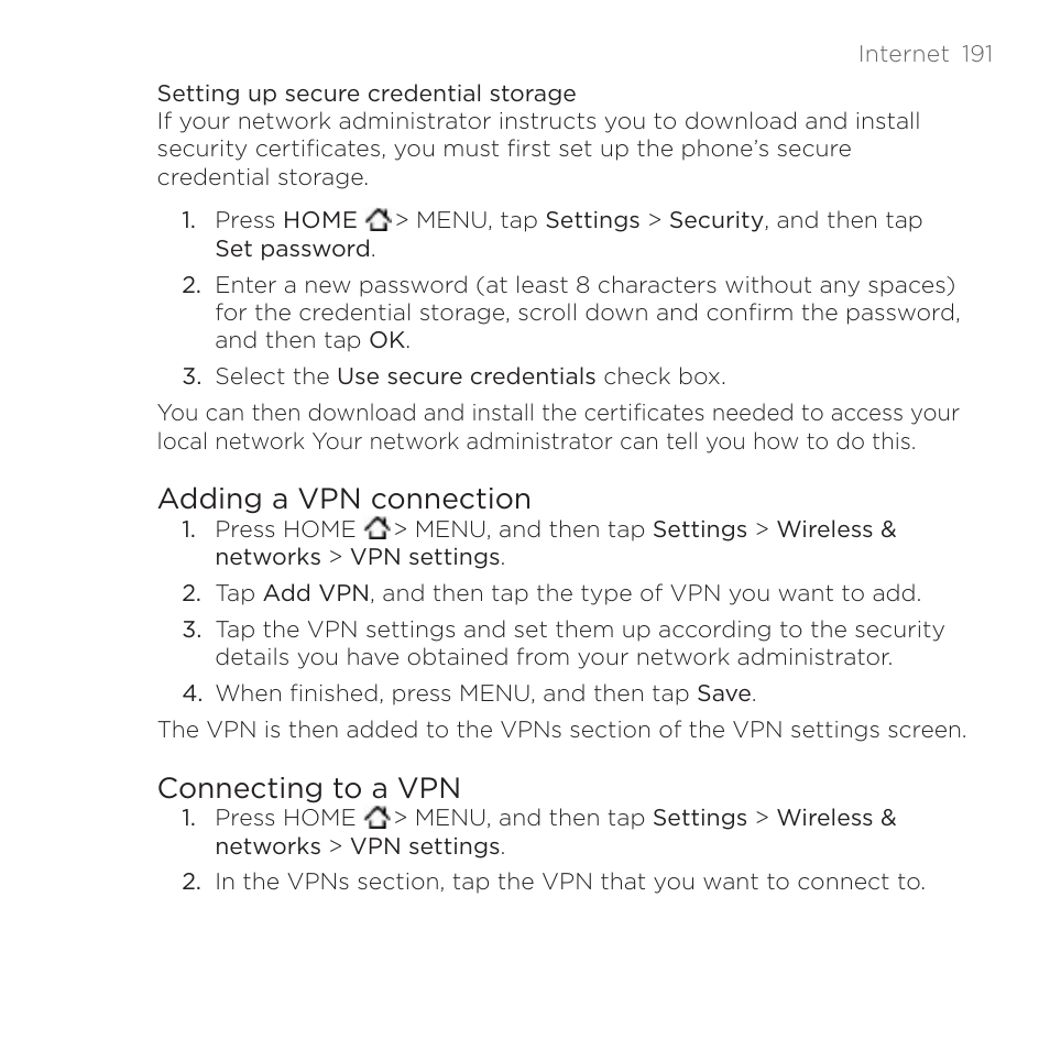 Adding a vpn connection, Connecting to a vpn | HTC DROID Incredible User Manual | Page 191 / 308
