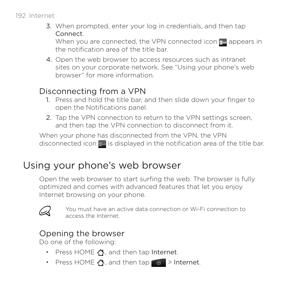Using your phone’s web browser, Disconnecting from a vpn, Opening the browser | HTC DROID Incredible User Manual | Page 192 / 308