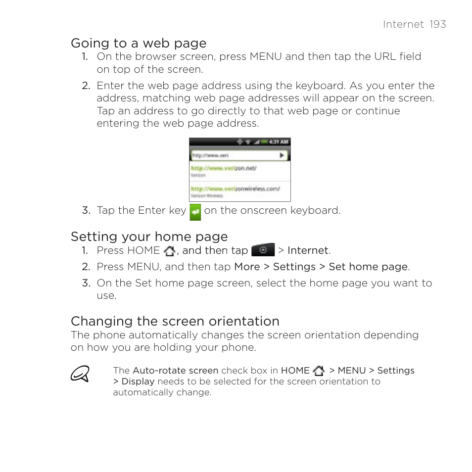 Going to a web page, Setting your home page, Changing the screen orientation | HTC DROID Incredible User Manual | Page 193 / 308