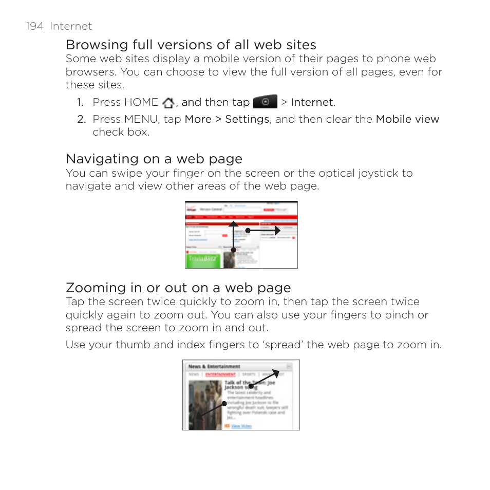 Browsing full versions of all web sites, Navigating on a web page, Zooming in or out on a web page | HTC DROID Incredible User Manual | Page 194 / 308
