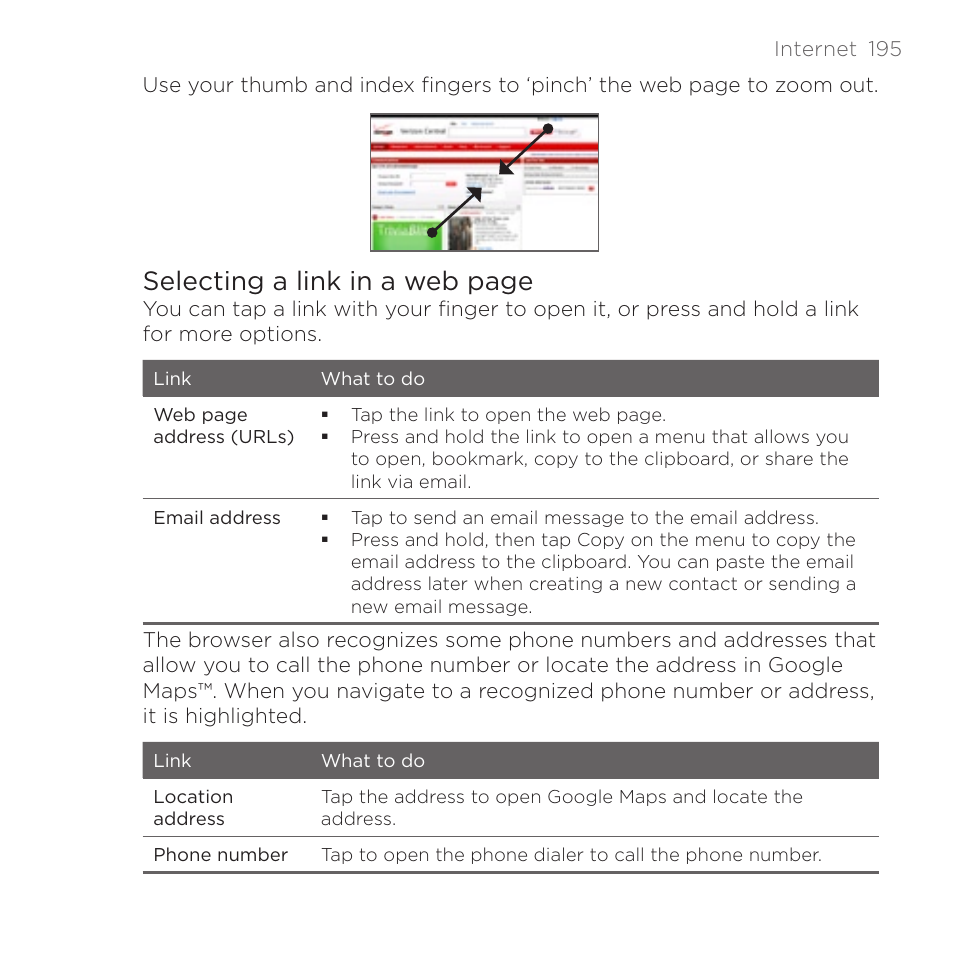 Selecting a link in a web page | HTC DROID Incredible User Manual | Page 195 / 308