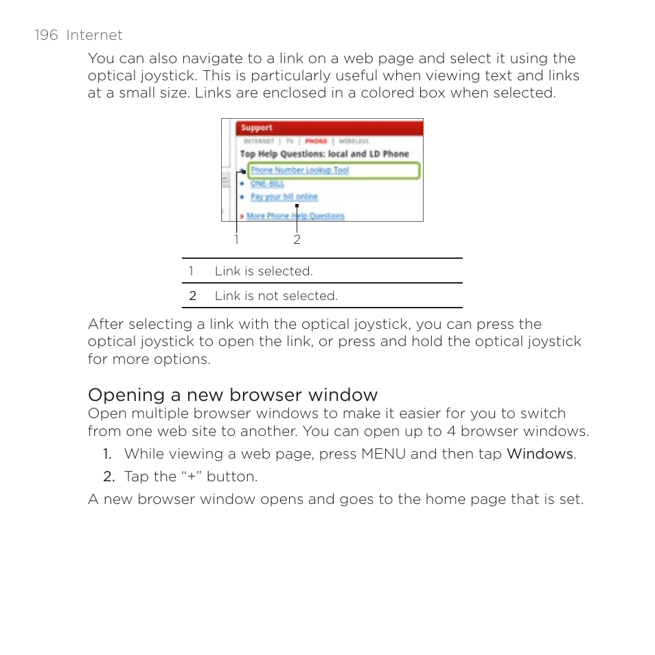 Opening a new browser window | HTC DROID Incredible User Manual | Page 196 / 308