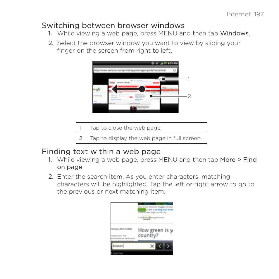 Switching between browser windows, Finding text within a web page | HTC DROID Incredible User Manual | Page 197 / 308