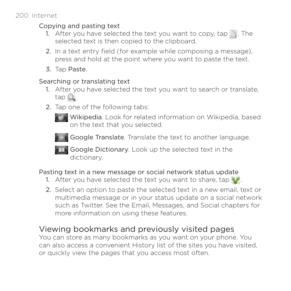 Viewing bookmarks and previously visited pages | HTC DROID Incredible User Manual | Page 200 / 308