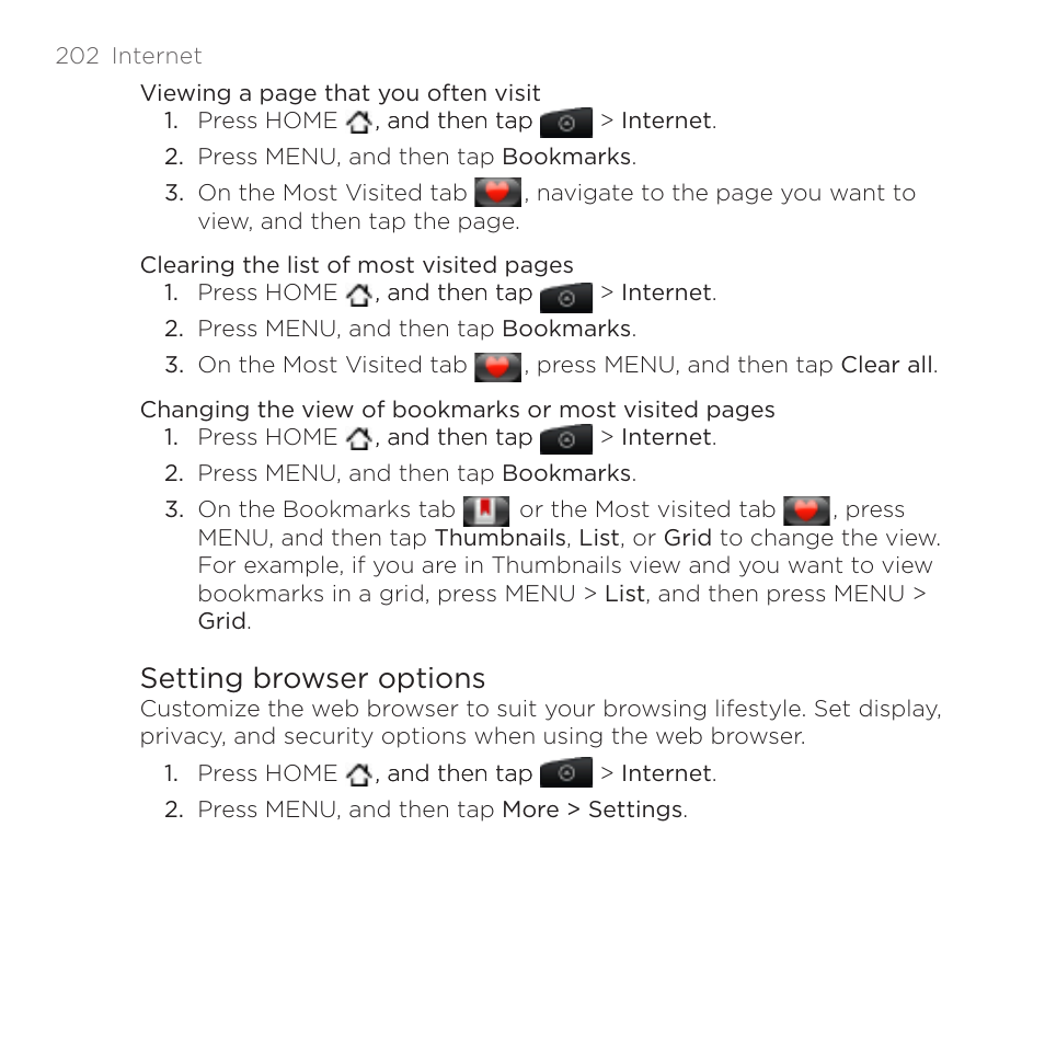 Setting browser options | HTC DROID Incredible User Manual | Page 202 / 308
