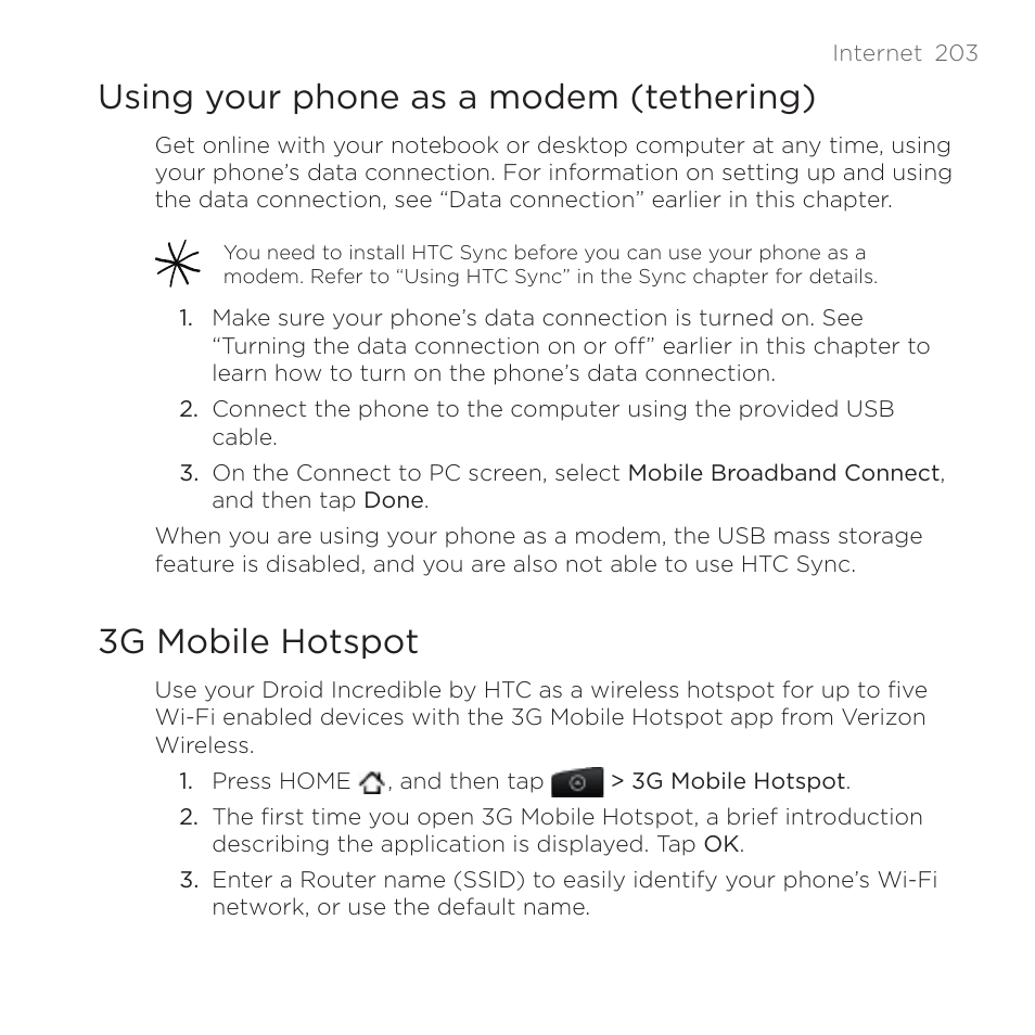 Using your phone as a modem (tethering), 3g mobile hotspot | HTC DROID Incredible User Manual | Page 203 / 308