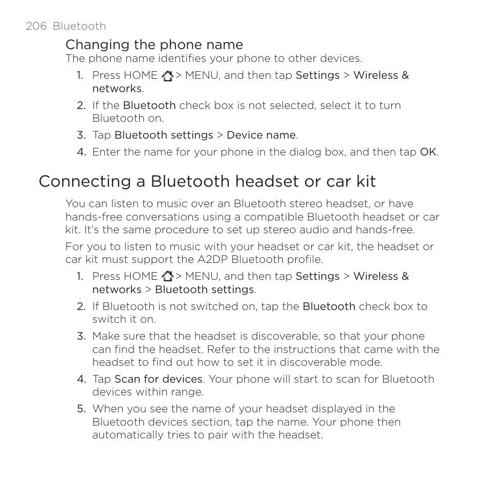 Connecting a bluetooth headset or car kit, Changing the phone name | HTC DROID Incredible User Manual | Page 206 / 308