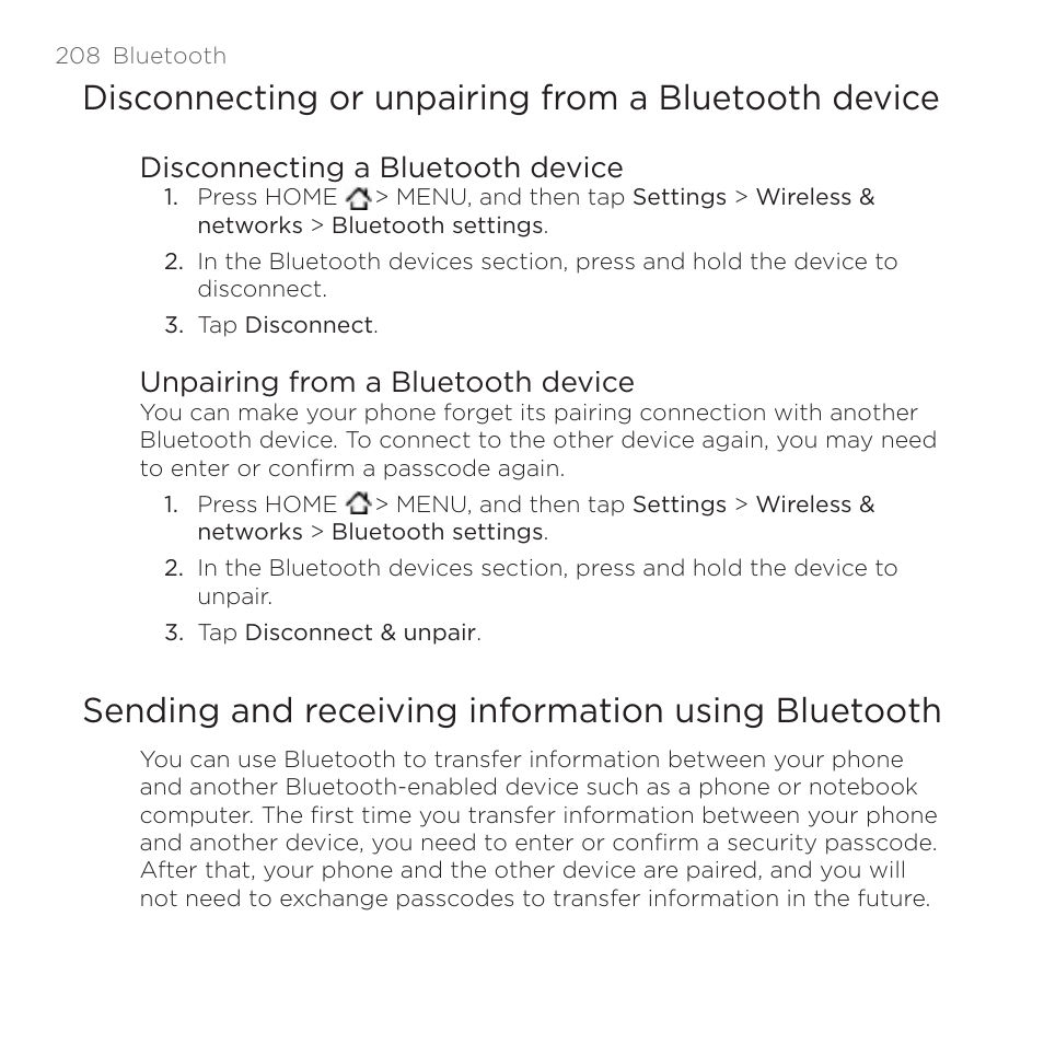 Disconnecting or unpairing from a bluetooth device, Sending and receiving information using bluetooth, Disconnecting a bluetooth device | Unpairing from a bluetooth device | HTC DROID Incredible User Manual | Page 208 / 308
