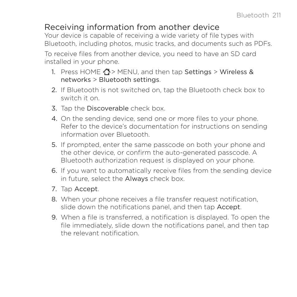 Receiving information from another device | HTC DROID Incredible User Manual | Page 211 / 308