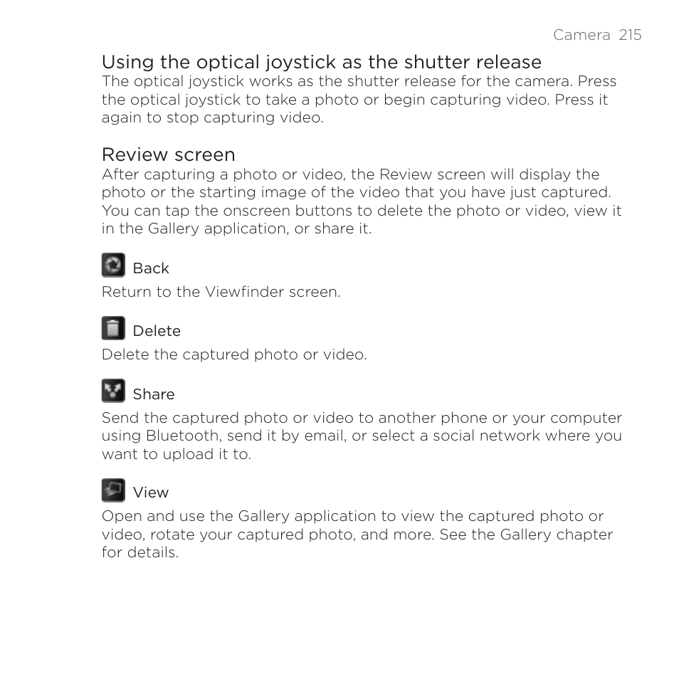 Using the optical joystick as the shutter release, Review screen | HTC DROID Incredible User Manual | Page 215 / 308