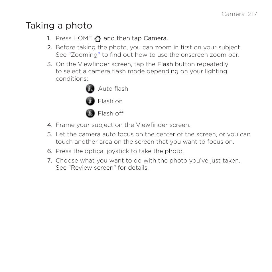 Taking a photo | HTC DROID Incredible User Manual | Page 217 / 308