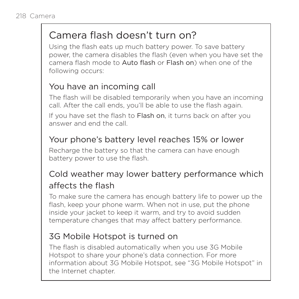 Camera flash doesn’t turn on, You have an incoming call, Your phone’s battery level reaches 15% or lower | 3g mobile hotspot is turned on | HTC DROID Incredible User Manual | Page 218 / 308