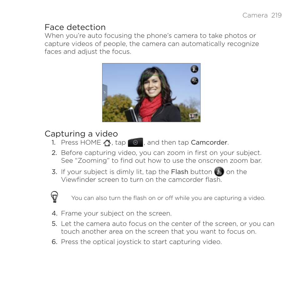 Face detection, Capturing a video | HTC DROID Incredible User Manual | Page 219 / 308