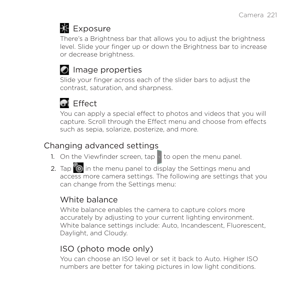 Exposure, Image properties, Effect | Changing advanced settings, White balance, Iso (photo mode only) | HTC DROID Incredible User Manual | Page 221 / 308