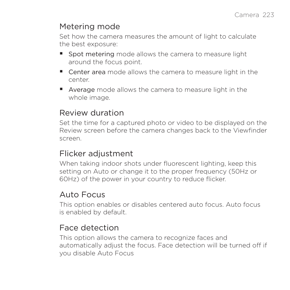 Metering mode, Review duration, Flicker adjustment | Auto focus, Face detection | HTC DROID Incredible User Manual | Page 223 / 308