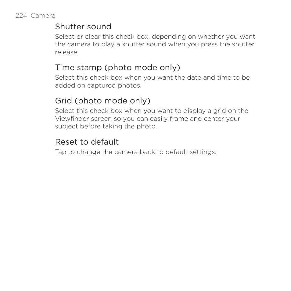 Shutter sound, Time stamp (photo mode only), Grid (photo mode only) | Reset to default | HTC DROID Incredible User Manual | Page 224 / 308
