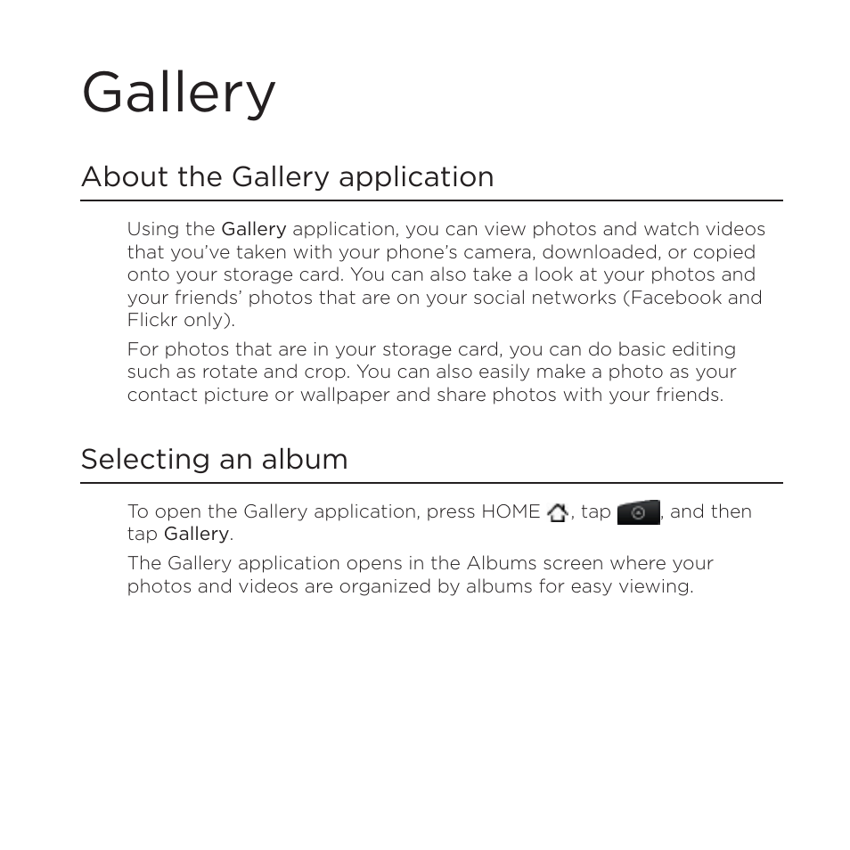 Gallery, About the gallery application, Selecting an album | HTC DROID Incredible User Manual | Page 225 / 308
