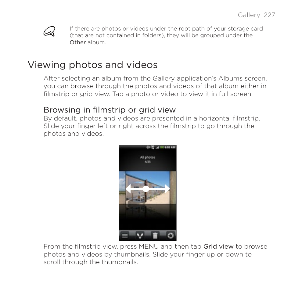 Viewing photos and videos, Browsing in filmstrip or grid view | HTC DROID Incredible User Manual | Page 227 / 308