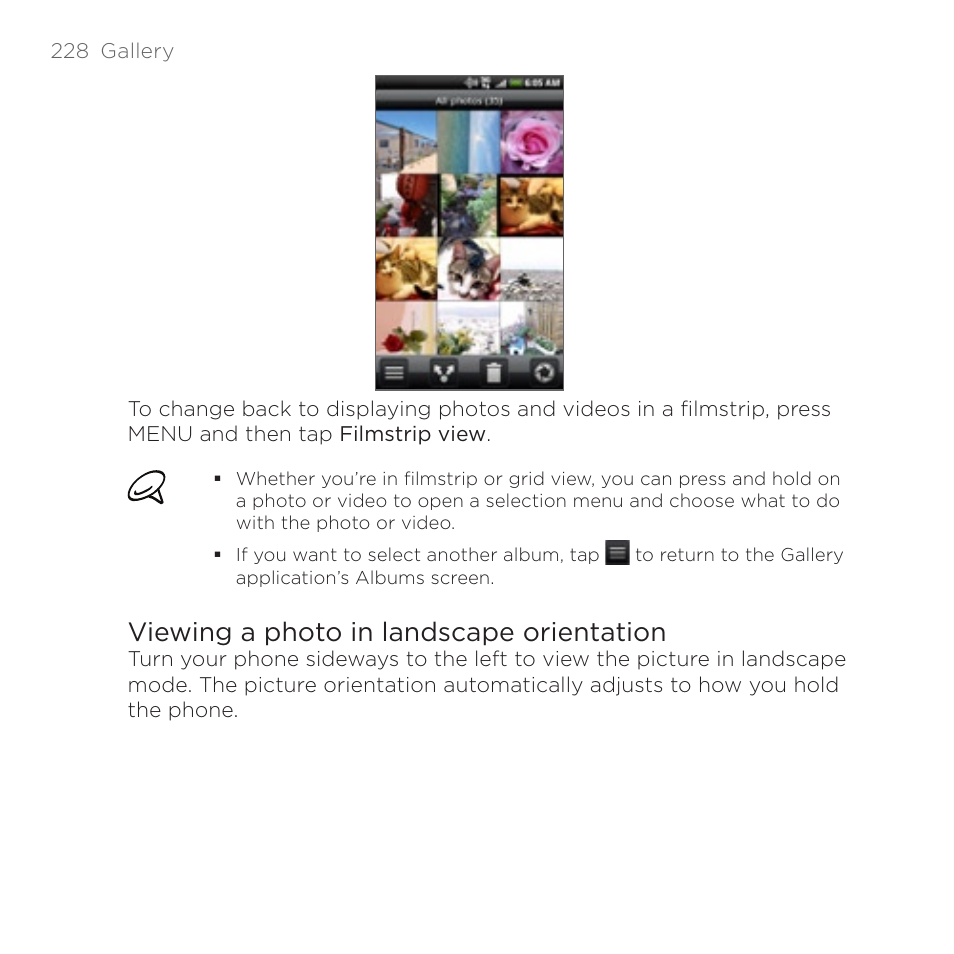 Viewing a photo in landscape orientation | HTC DROID Incredible User Manual | Page 228 / 308