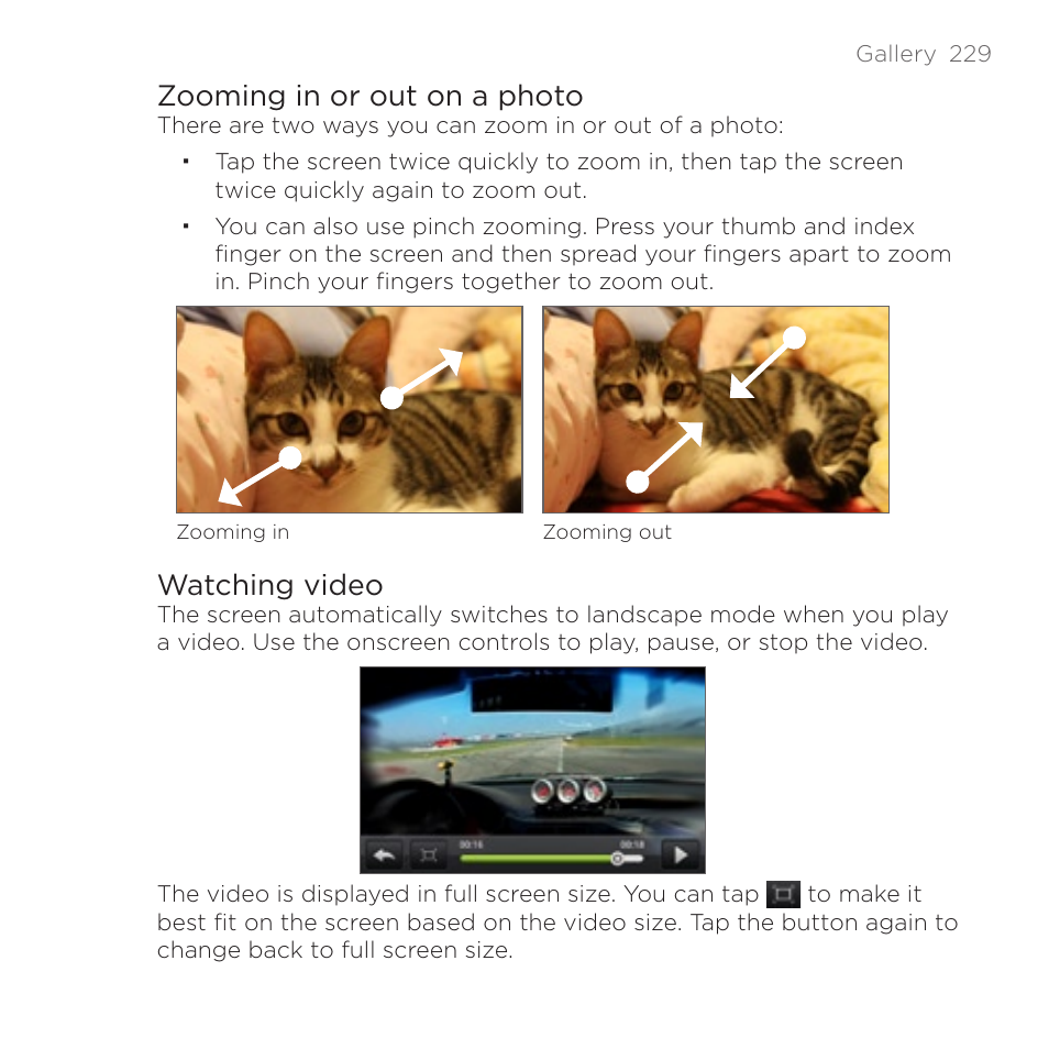 Zooming in or out on a photo, Watching video | HTC DROID Incredible User Manual | Page 229 / 308