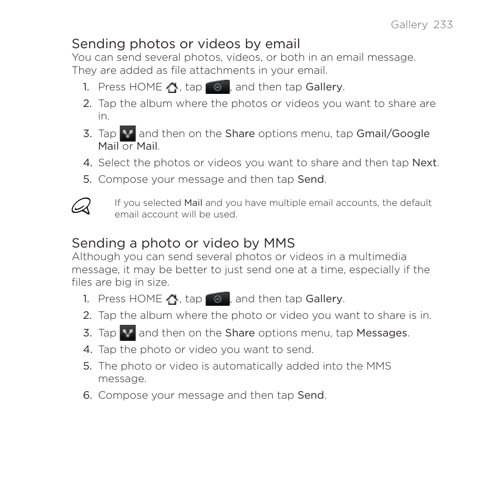 Sending photos or videos by email, Sending a photo or video by mms | HTC DROID Incredible User Manual | Page 233 / 308