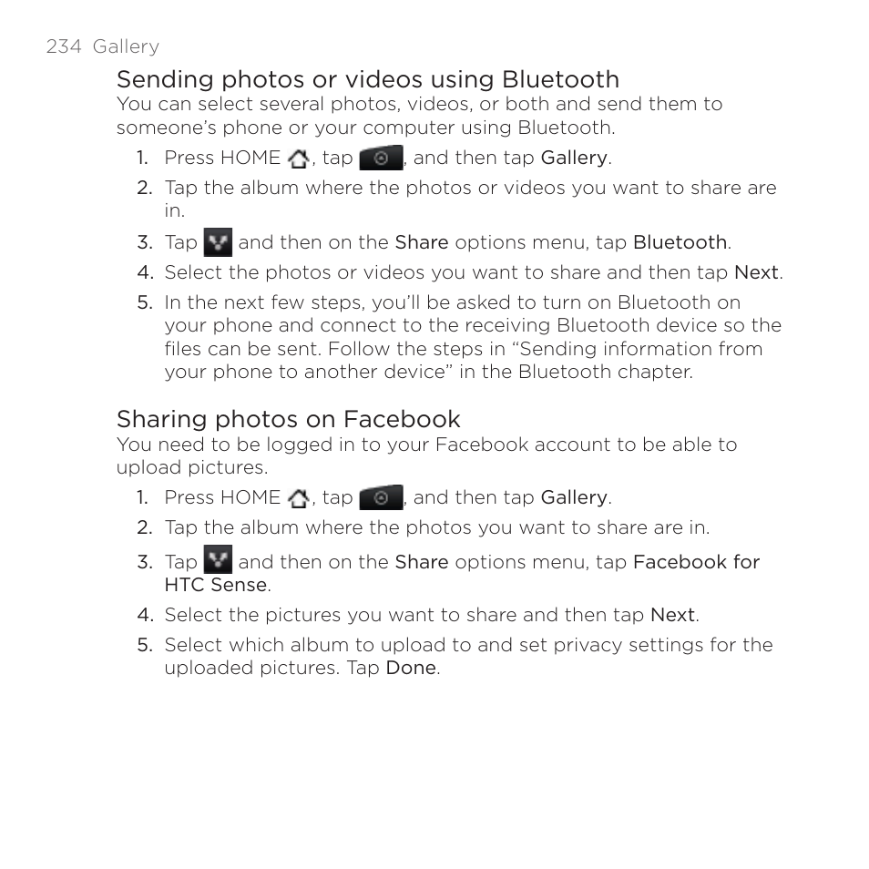 Sending photos or videos using bluetooth, Sharing photos on facebook | HTC DROID Incredible User Manual | Page 234 / 308