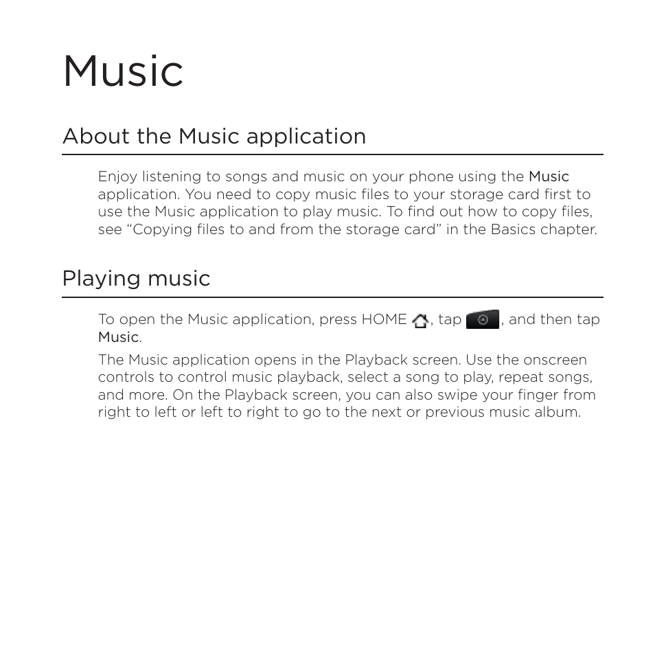 Music, About the music application, Playing music | HTC DROID Incredible User Manual | Page 237 / 308