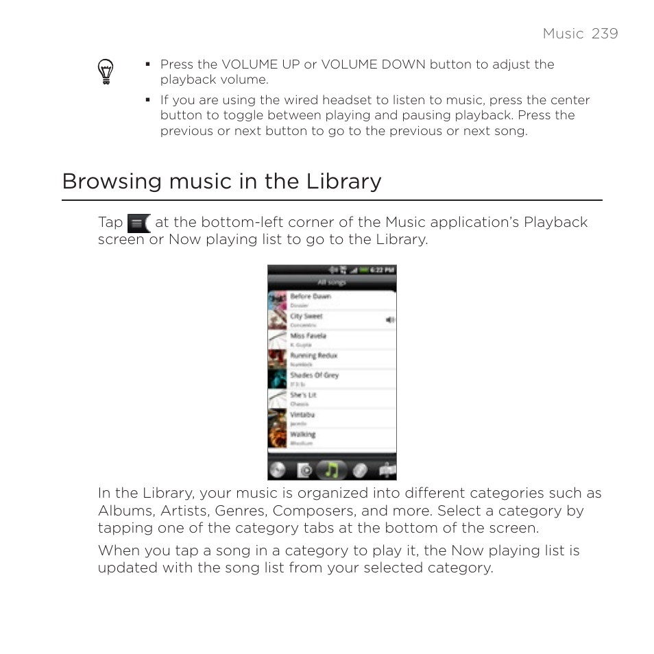 Browsing music in the library | HTC DROID Incredible User Manual | Page 239 / 308