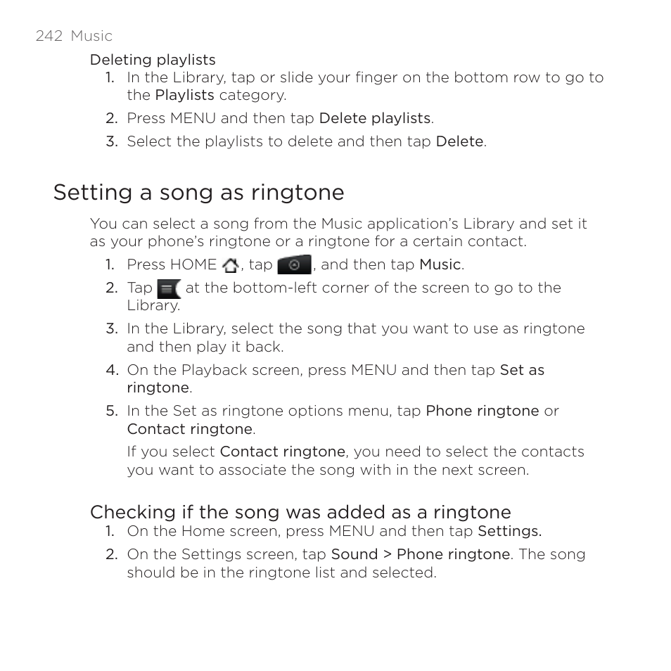 Setting a song as ringtone, Checking if the song was added as a ringtone | HTC DROID Incredible User Manual | Page 242 / 308