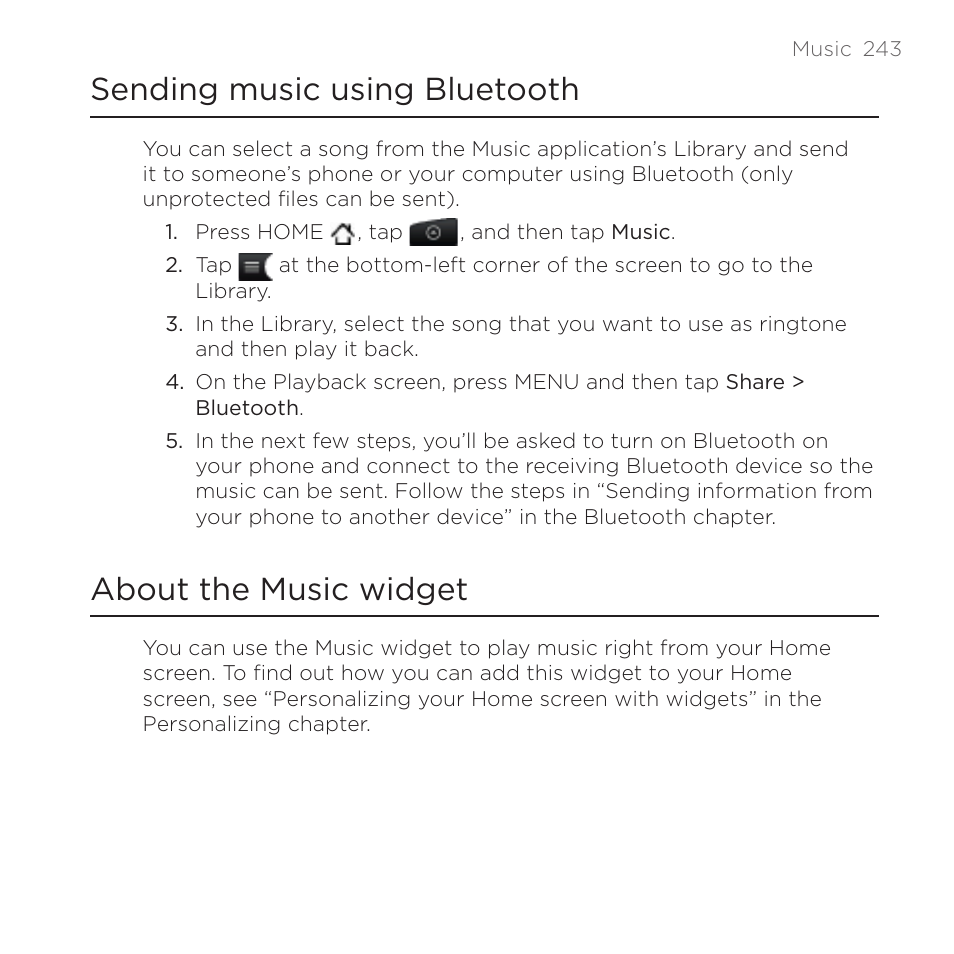 Sending music using bluetooth, About the music widget | HTC DROID Incredible User Manual | Page 243 / 308