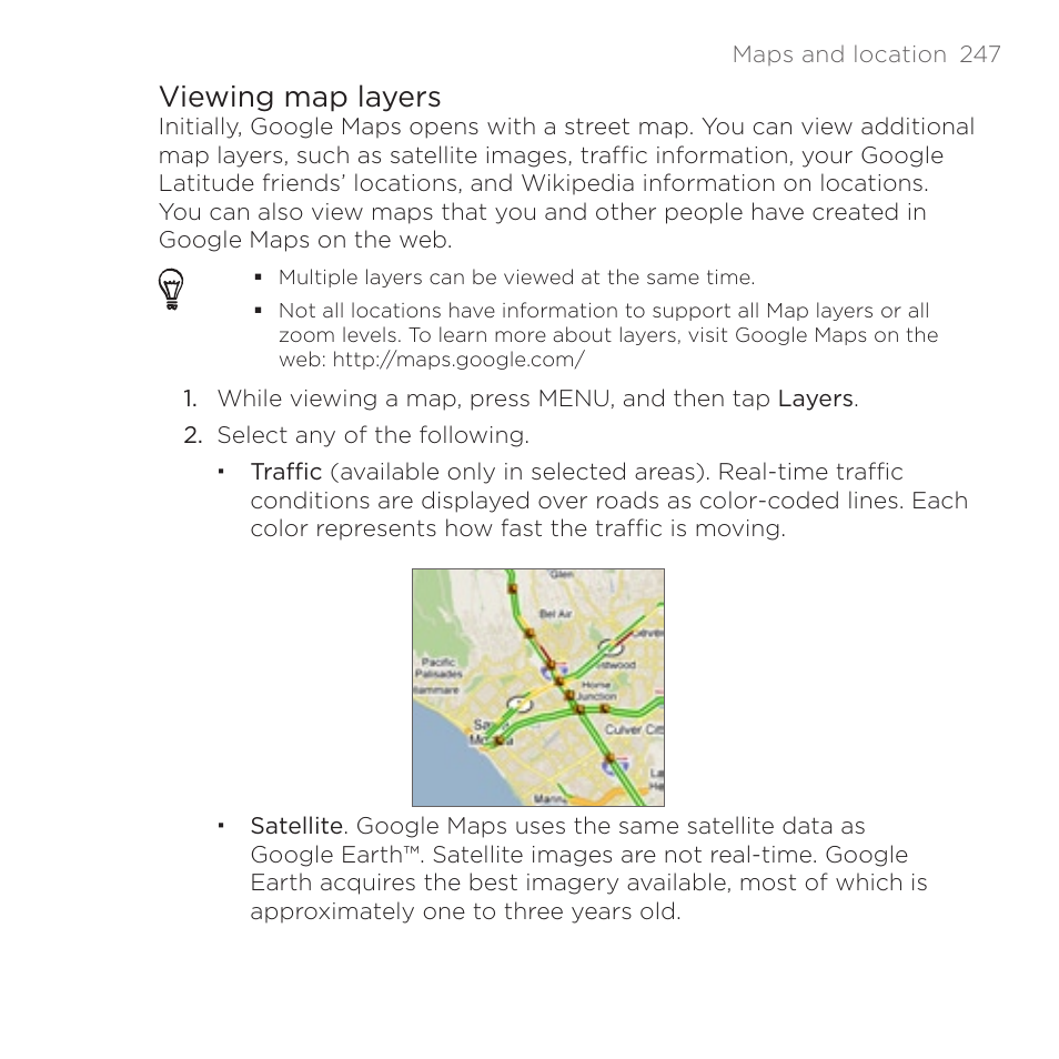 Viewing map layers | HTC DROID Incredible User Manual | Page 247 / 308