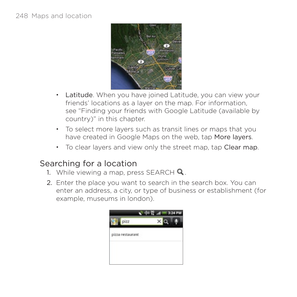 Searching for a location | HTC DROID Incredible User Manual | Page 248 / 308