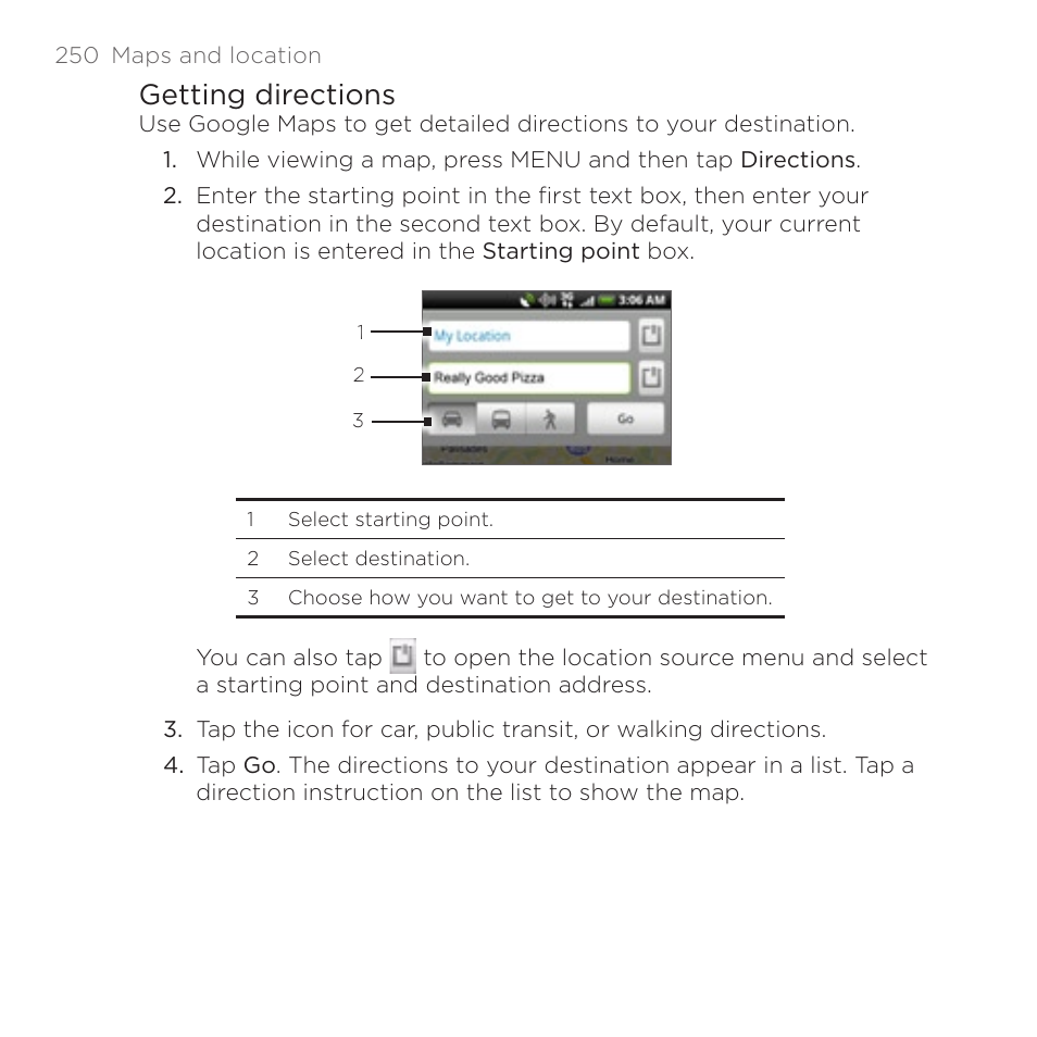 Getting directions | HTC DROID Incredible User Manual | Page 250 / 308
