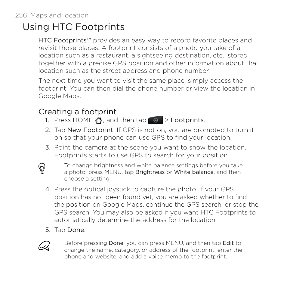 Using htc footprints, Creating a footprint | HTC DROID Incredible User Manual | Page 256 / 308