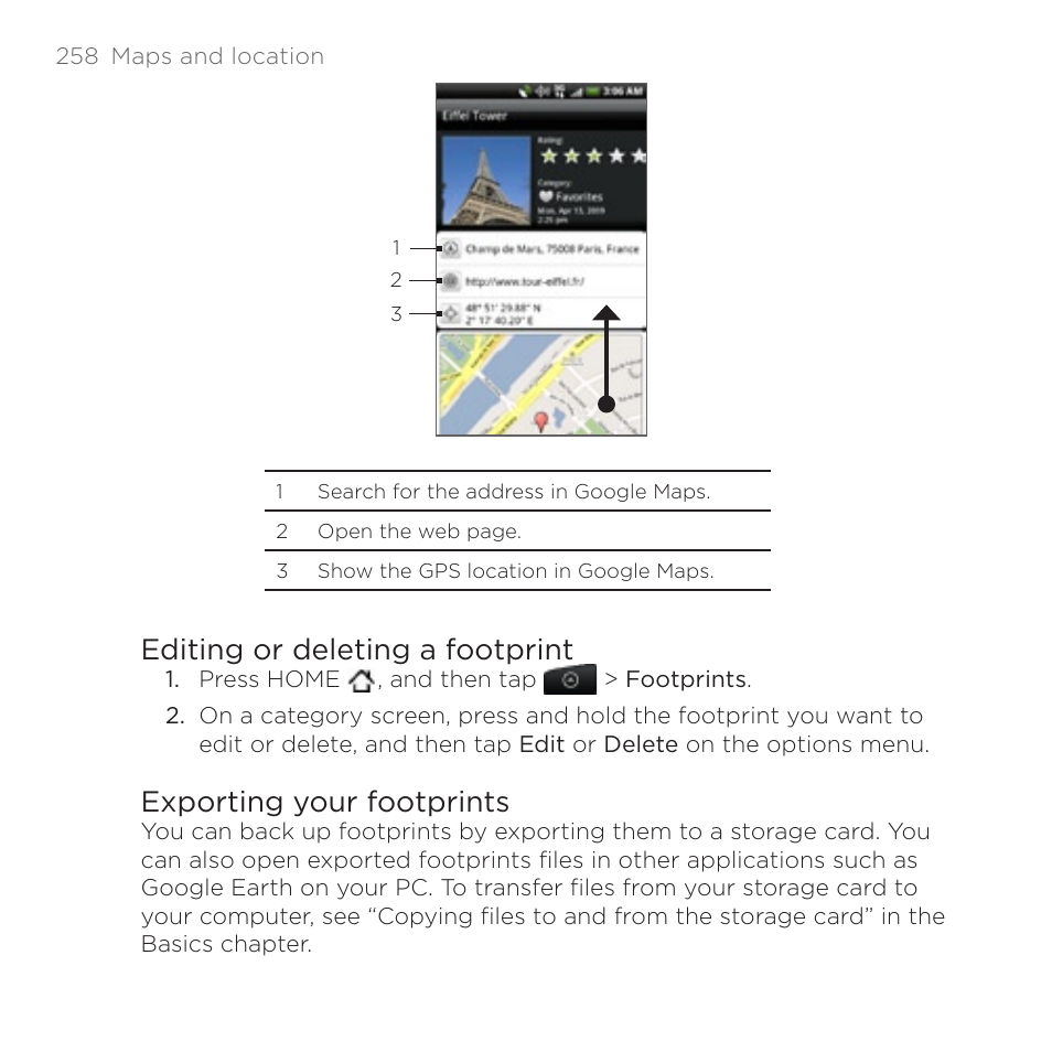 Editing or deleting a footprint, Exporting your footprints | HTC DROID Incredible User Manual | Page 258 / 308