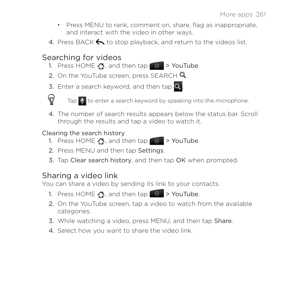 Searching for videos, Sharing a video link | HTC DROID Incredible User Manual | Page 261 / 308