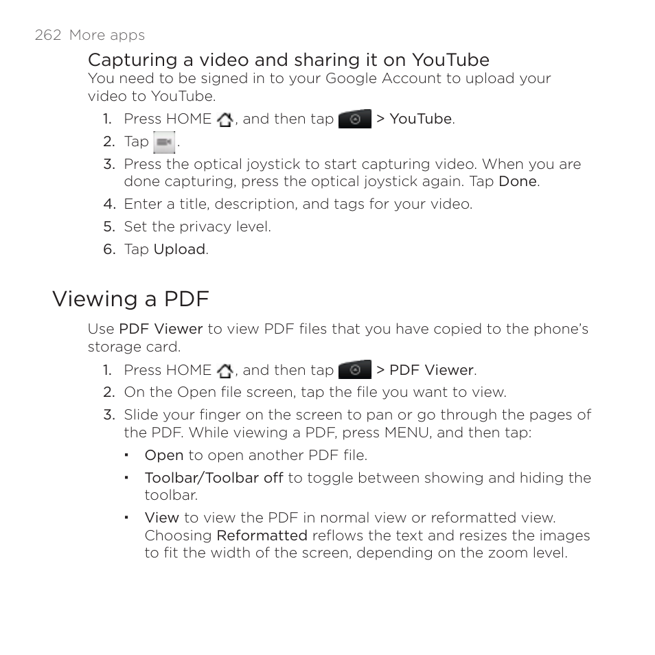 Viewing a pdf, Capturing a video and sharing it on youtube | HTC DROID Incredible User Manual | Page 262 / 308