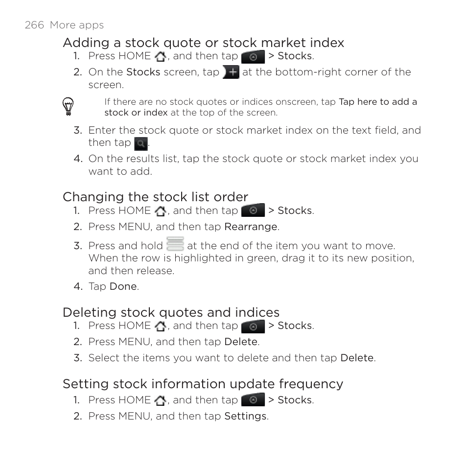 Adding a stock quote or stock market index, Changing the stock list order, Deleting stock quotes and indices | Setting stock information update frequency | HTC DROID Incredible User Manual | Page 266 / 308