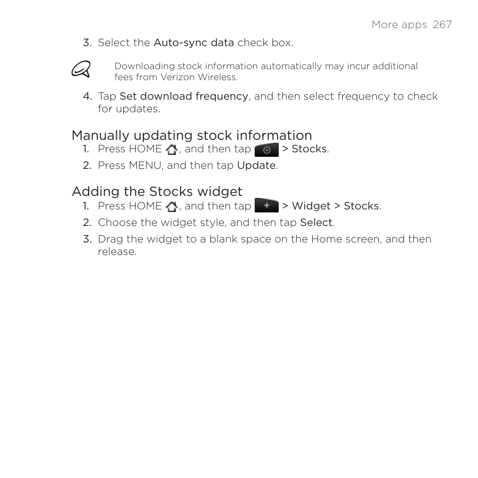 Manually updating stock information, Adding the stocks widget | HTC DROID Incredible User Manual | Page 267 / 308