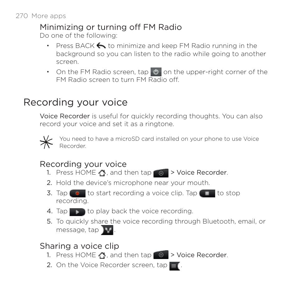 Recording your voice, Minimizing or turning off fm radio, Sharing a voice clip | HTC DROID Incredible User Manual | Page 270 / 308