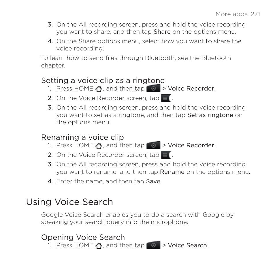 Using voice search, Setting a voice clip as a ringtone, Renaming a voice clip | Opening voice search | HTC DROID Incredible User Manual | Page 271 / 308