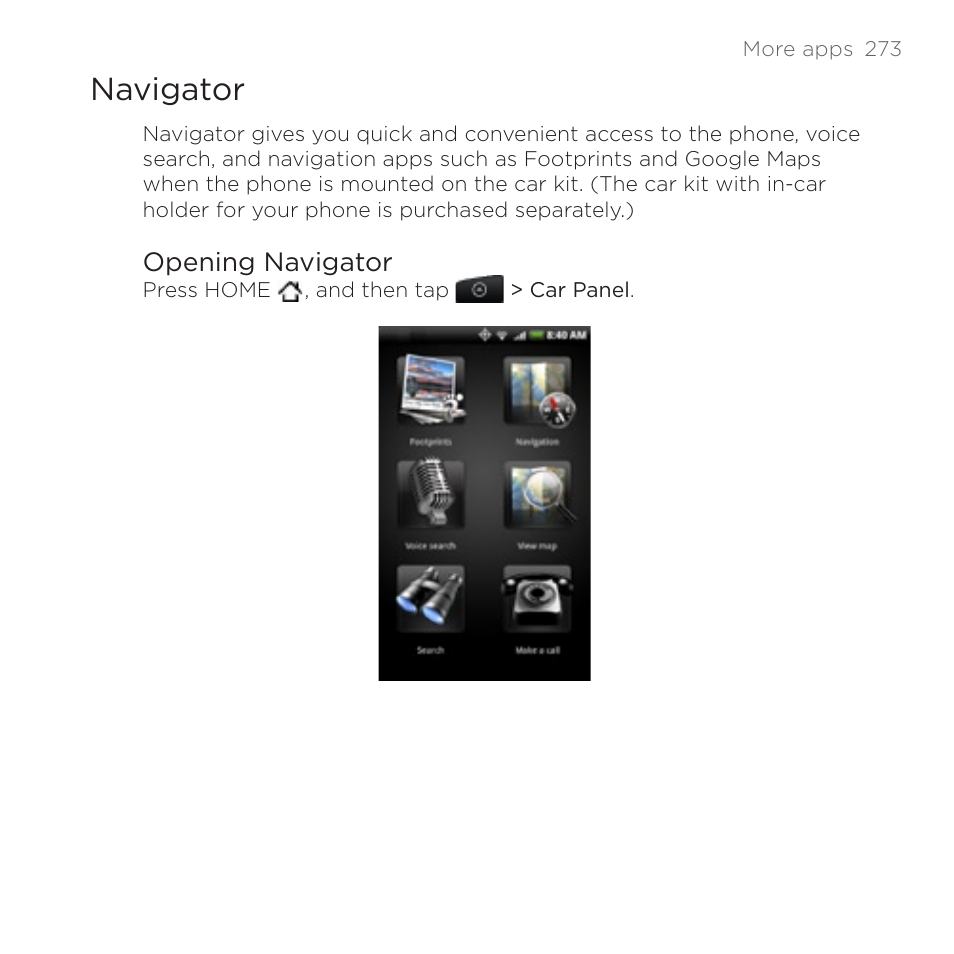 Navigator, Opening navigator | HTC DROID Incredible User Manual | Page 273 / 308