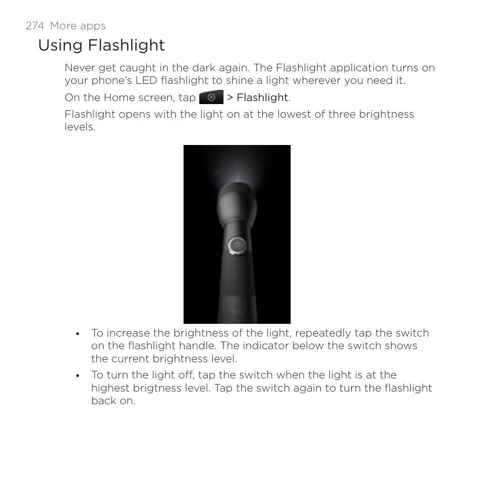 Using flashlight | HTC DROID Incredible User Manual | Page 274 / 308