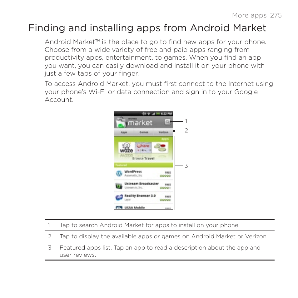 Finding and installing apps from android market | HTC DROID Incredible User Manual | Page 275 / 308