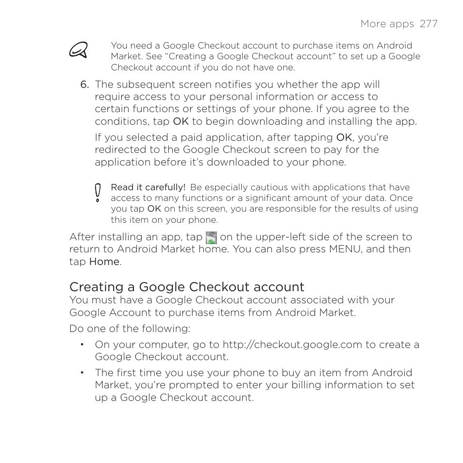 Creating a google checkout account | HTC DROID Incredible User Manual | Page 277 / 308