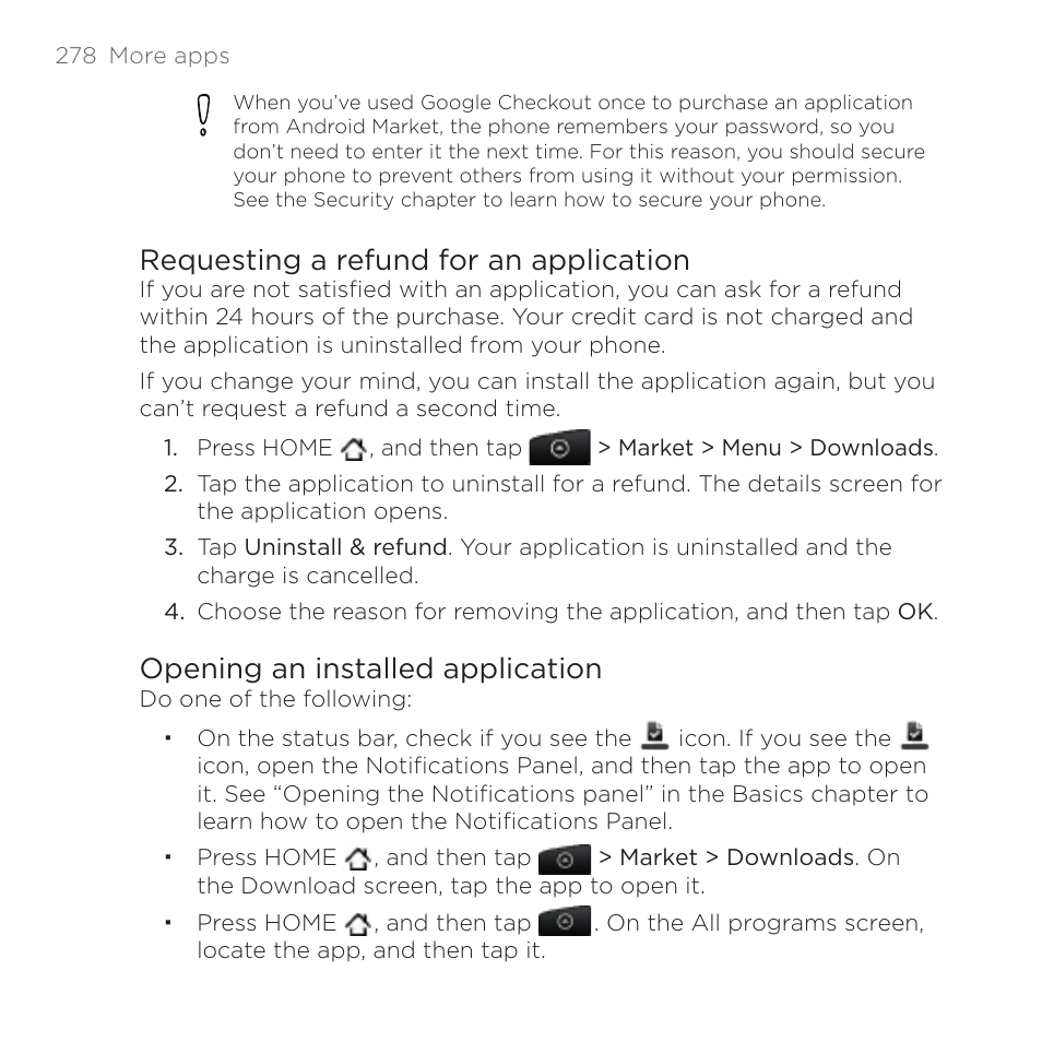 Requesting a refund for an application, Opening an installed application | HTC DROID Incredible User Manual | Page 278 / 308