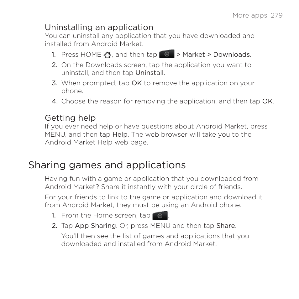 Sharing games and applications, Uninstalling an application, Getting help | HTC DROID Incredible User Manual | Page 279 / 308