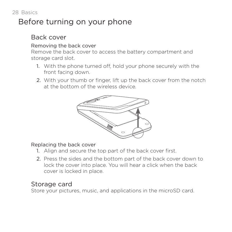 Before turning on your phone, Back cover, Storage card | HTC DROID Incredible User Manual | Page 28 / 308