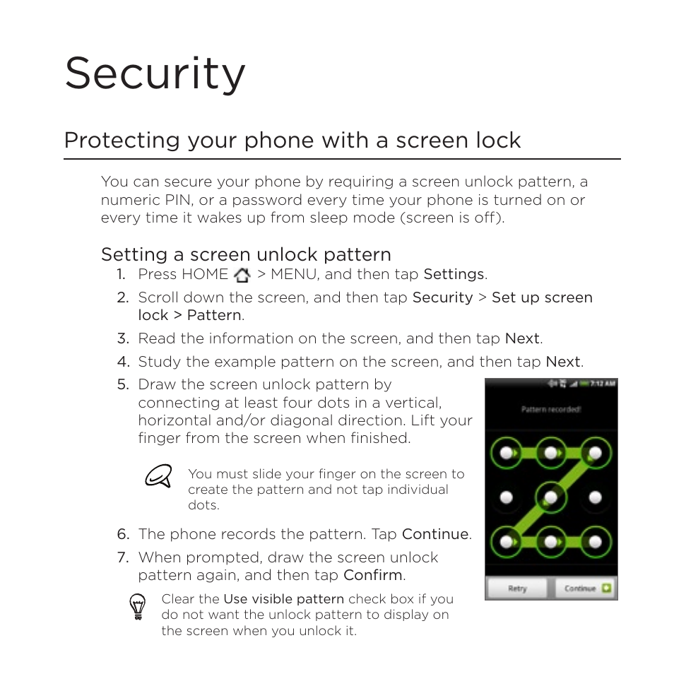 Security, Protecting your phone with a screen lock, Setting a screen unlock pattern | HTC DROID Incredible User Manual | Page 285 / 308