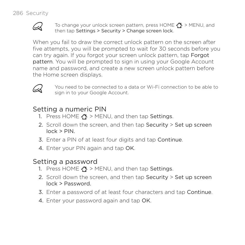 Setting a numeric pin, Setting a password | HTC DROID Incredible User Manual | Page 286 / 308